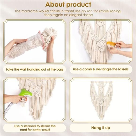 Macrame Boho Wall Hanging Decor, Geometric Woven Tapestry Chic Cotton Handmade - Picture 7 of 8